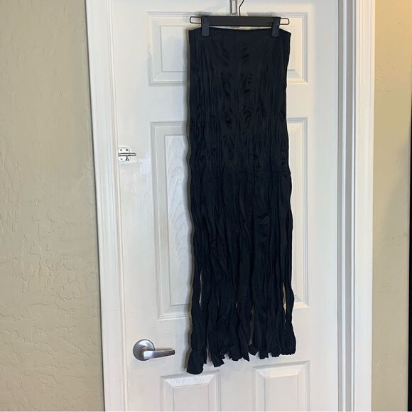 Zara Wrinkled Effect Maxi Skirt with Fringing Black Size Small - Picture 6 of 16